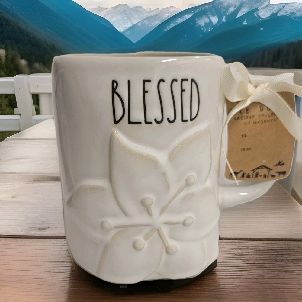NEW‎ Rae Dunn BLESSED Creme Coffee Mug 3D Embossed Flower Floral Spiritual